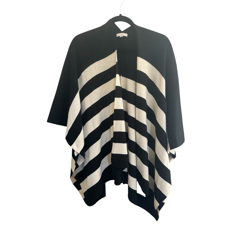 Ann Taylor LOFT XS / Small Black Ivory open front poncho cardigan sweater #5241